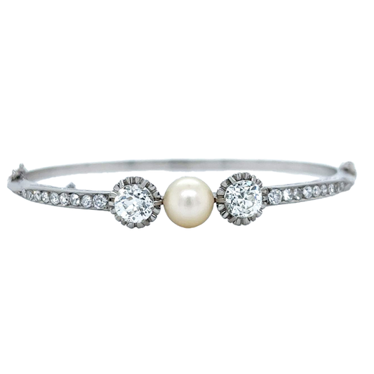 Antique Platinum Natural Pearl & Diamond Bangle Bracelet front