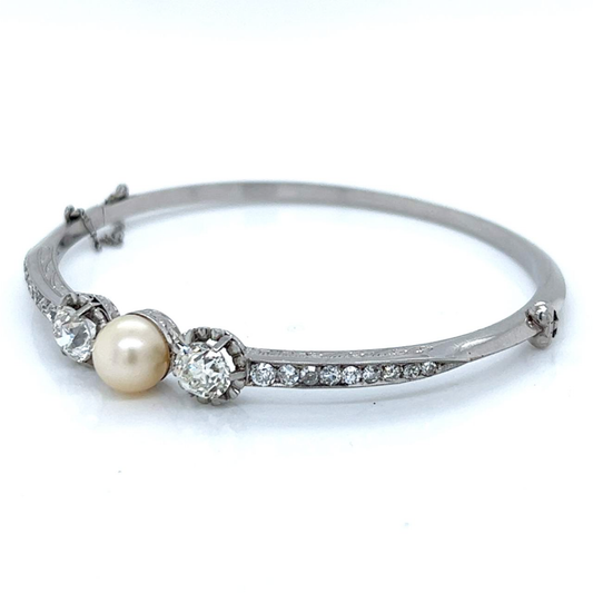 Antique Platinum Natural Pearl & Diamond Bangle Bracelet side