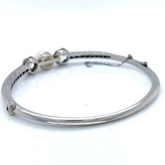 Antique Platinum Natural Pearl & Diamond Bangle Bracelet back