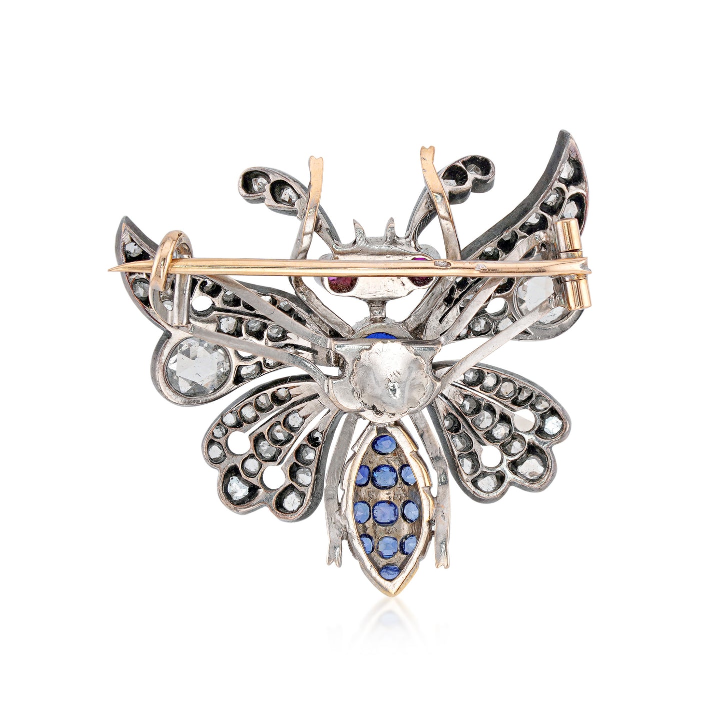 Post-1980s Silver & 18KT Yellow Gold Diamond, Ruby & Sapphire Butterfly Broochback