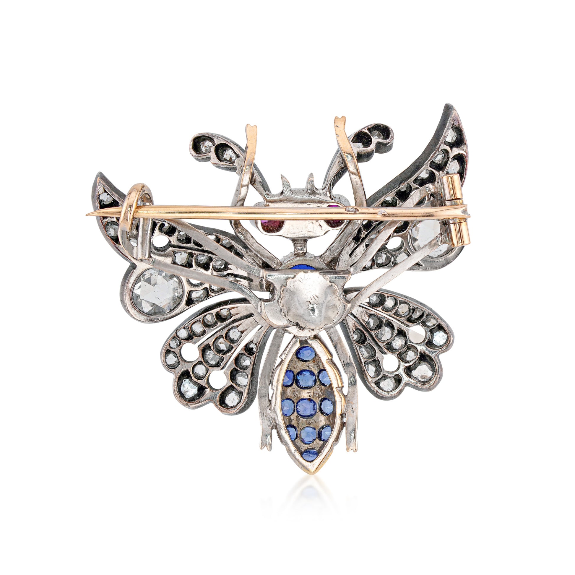 Post-1980s Silver & 18KT Yellow Gold Diamond, Ruby & Sapphire Butterfly Broochback