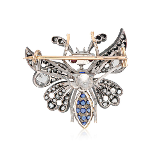 Post-1980s Silver & 18KT Yellow Gold Diamond, Ruby & Sapphire Butterfly Broochback