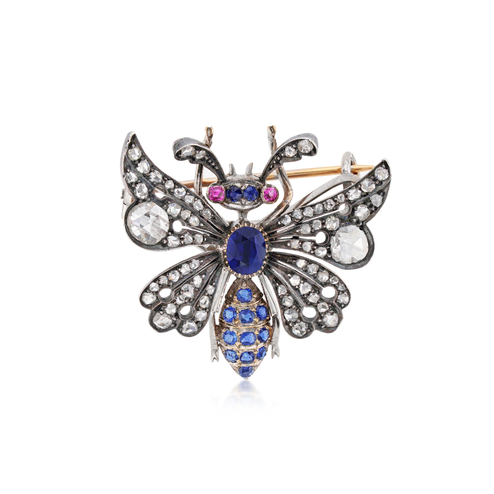 Post-1980s Silver & 18KT Yellow Gold Diamond, Ruby & Sapphire Butterfly Brooch front