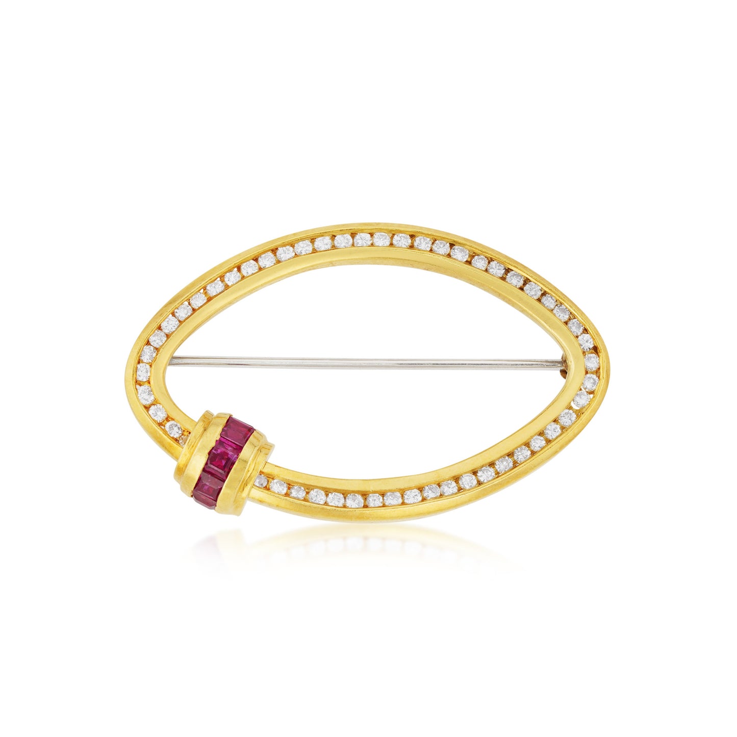 1970s 14KT Yellow Gold Diamond & Ruby Brooch front