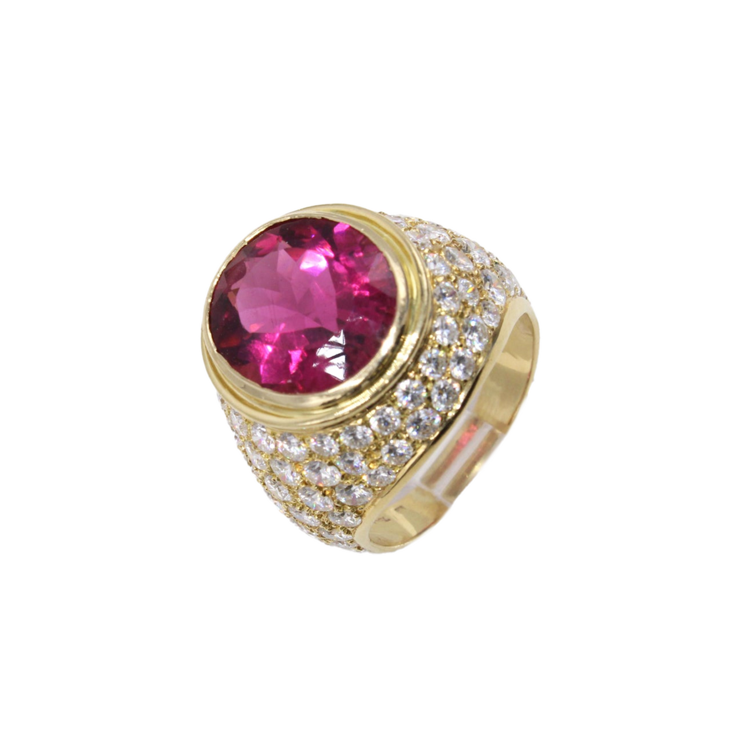 1980s 18KT Yellow Gold Rubellite Tourmaline & Diamond Ring top
