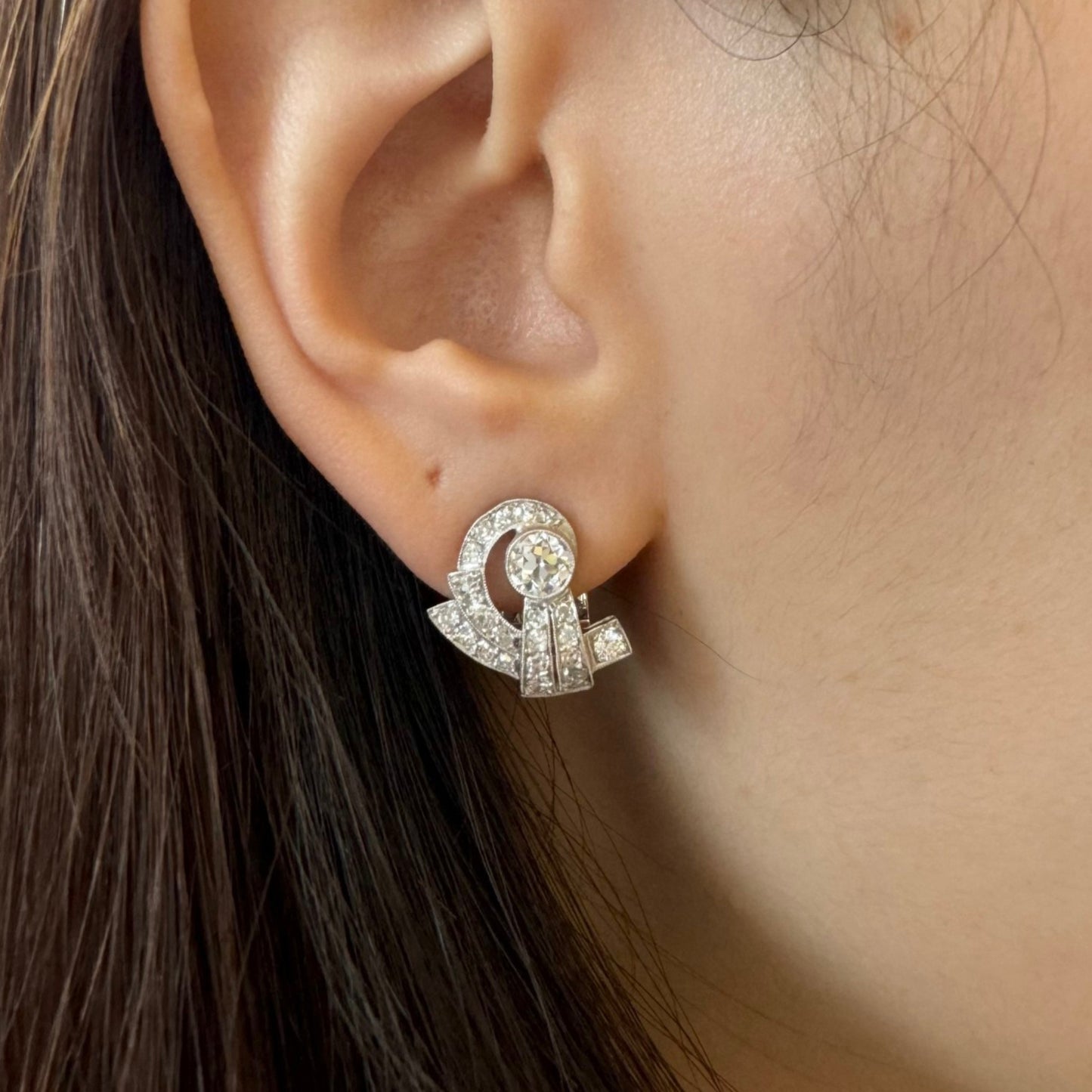 Art Deco 14KT White Gold & Platinum Diamond Earrings on ear