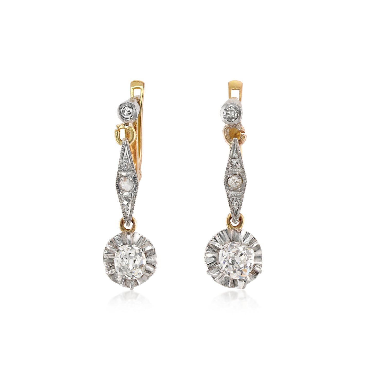 Post-1980s Platinum & 18KT Yellow Gold Diamond Earrings front
