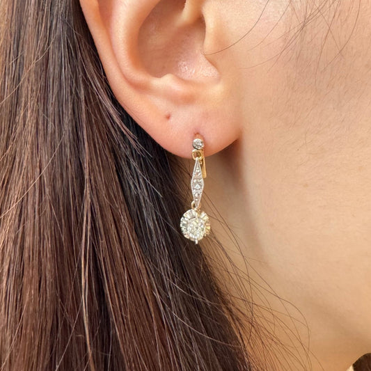 Post-1980s Platinum & 18KT Yellow Gold Diamond Earrings on ear