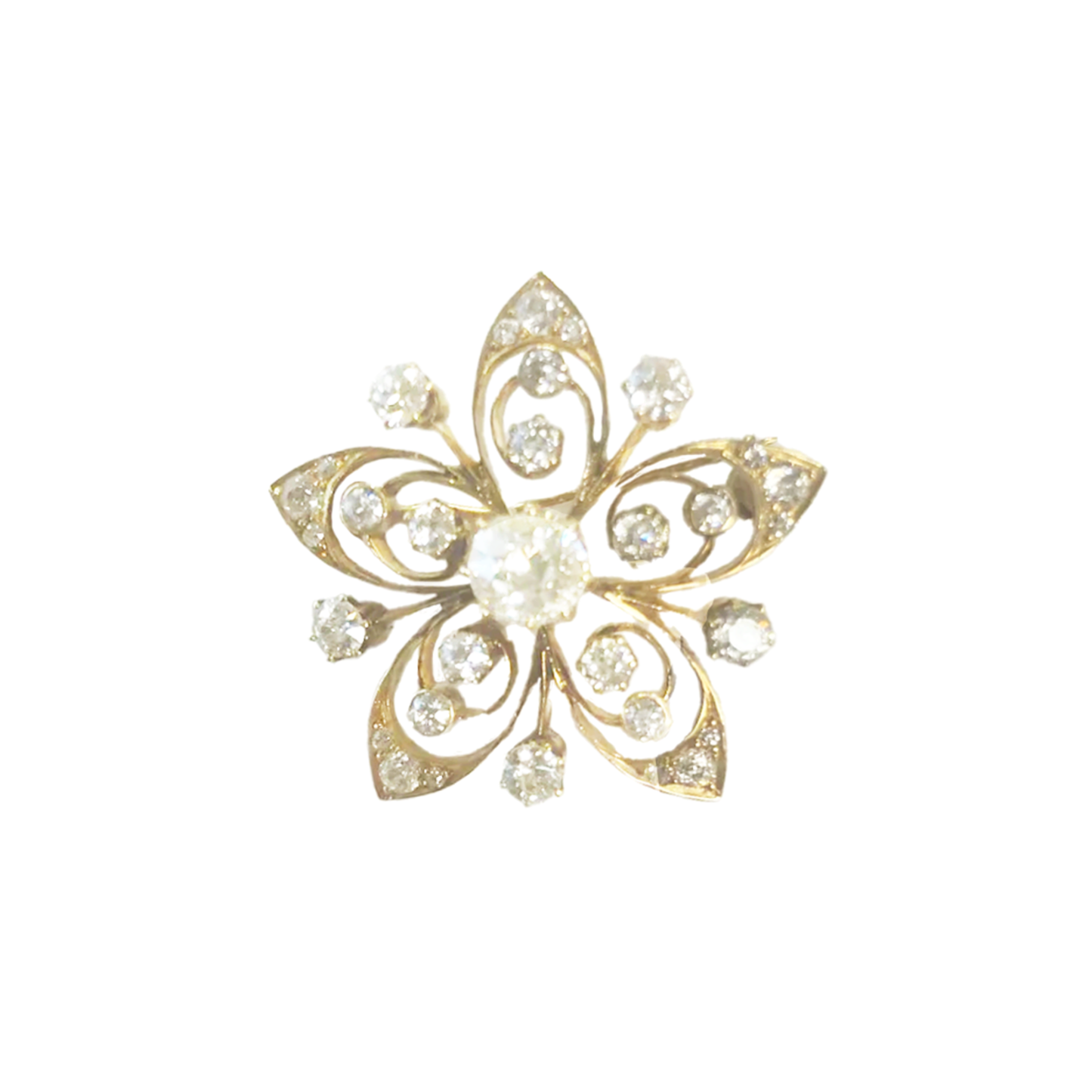 1970s 14KT Yellow Gold Diamond Flower Brooch front