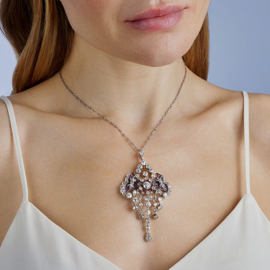 Edwardian Platinum Diamond & Plique-Ă -jour Enamel Necklace on neck