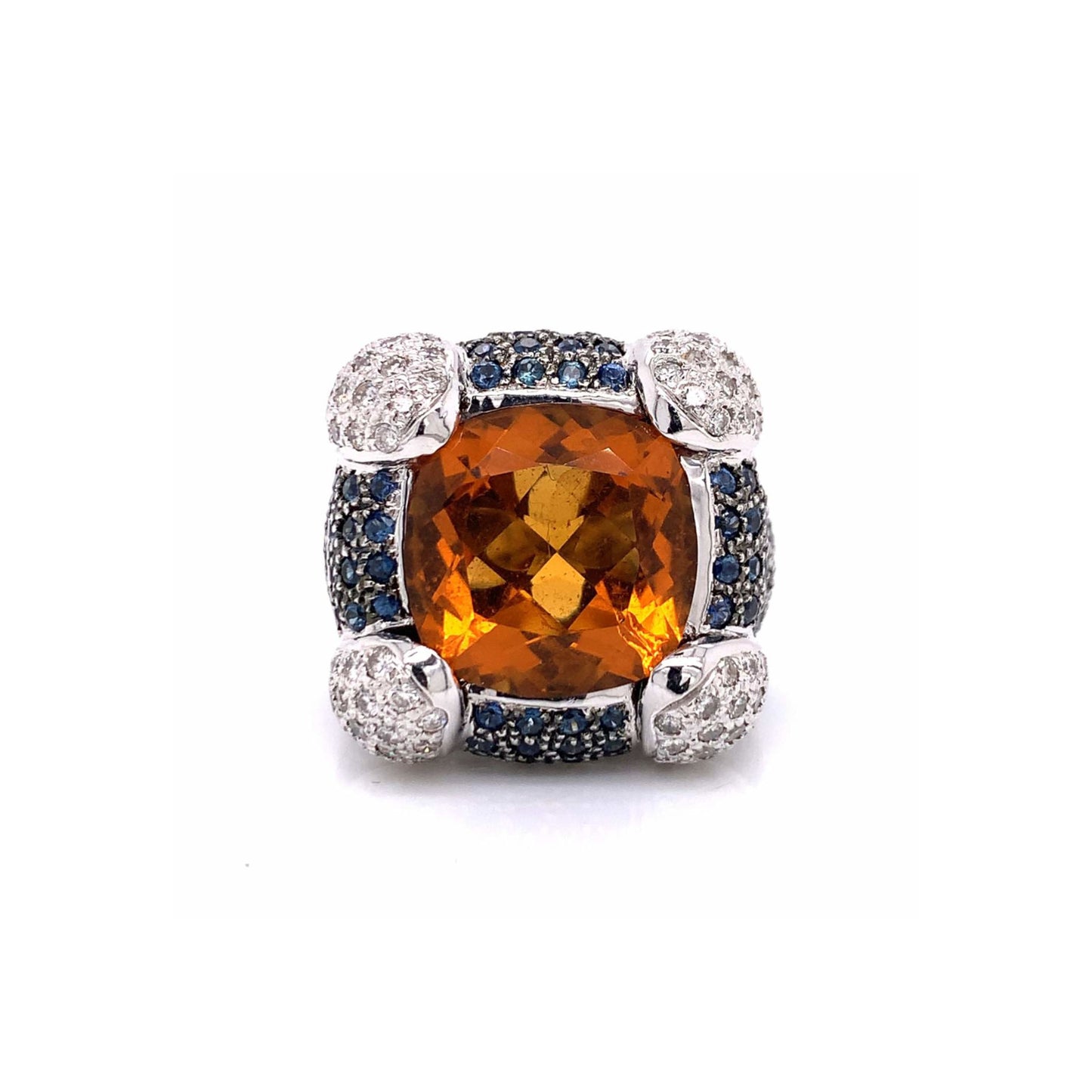1980s 18KT White Gold Topaz, Diamond & Sapphire Ring front
