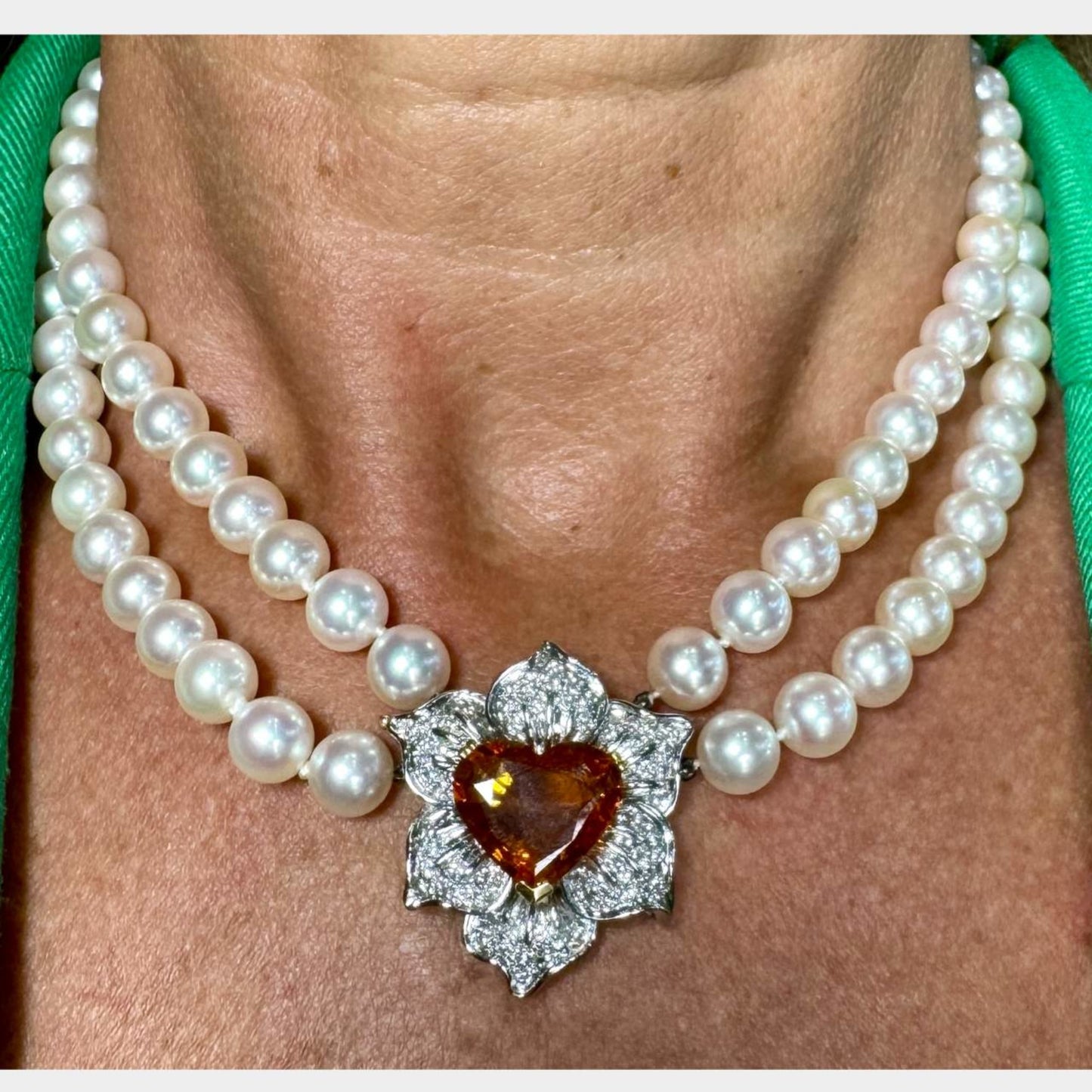 1980s 18KT Yellow Gold Sapphire, Diamond & Cultured Pearl Necklace on neck