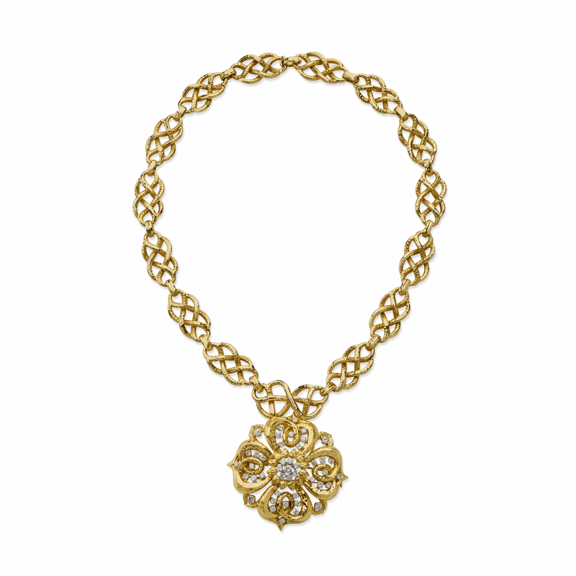 David Webb 1980s Platinum & 18KT Yellow Gold Diamond Necklace front