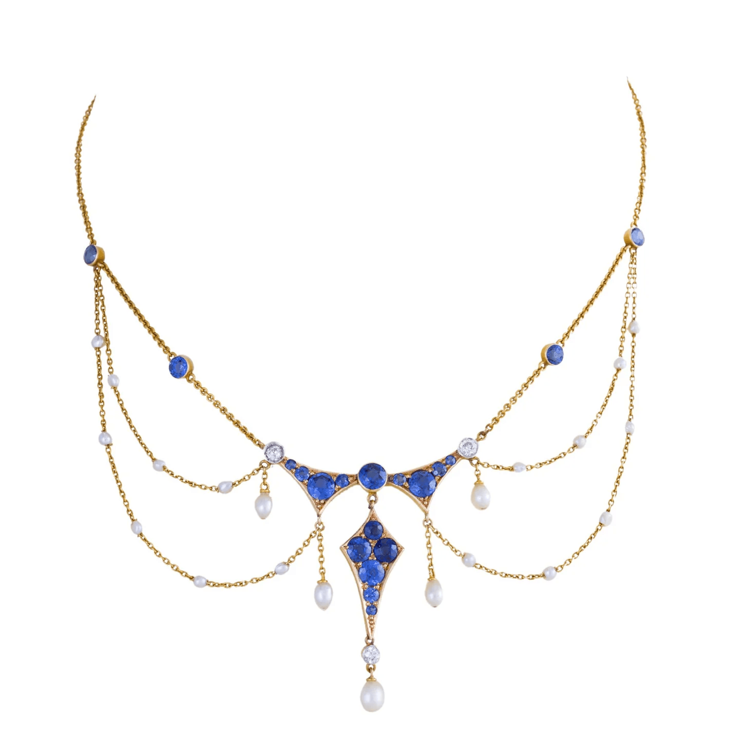 Art Nouveau 18KT Yellow Gold Sapphire, Diamond & Natural Pearl Necklace front