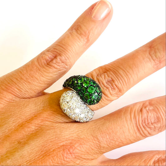 Chantecler Italian Post-1980s 18KT White Gold Tsavorite Garnet & Diamond Ring on finger