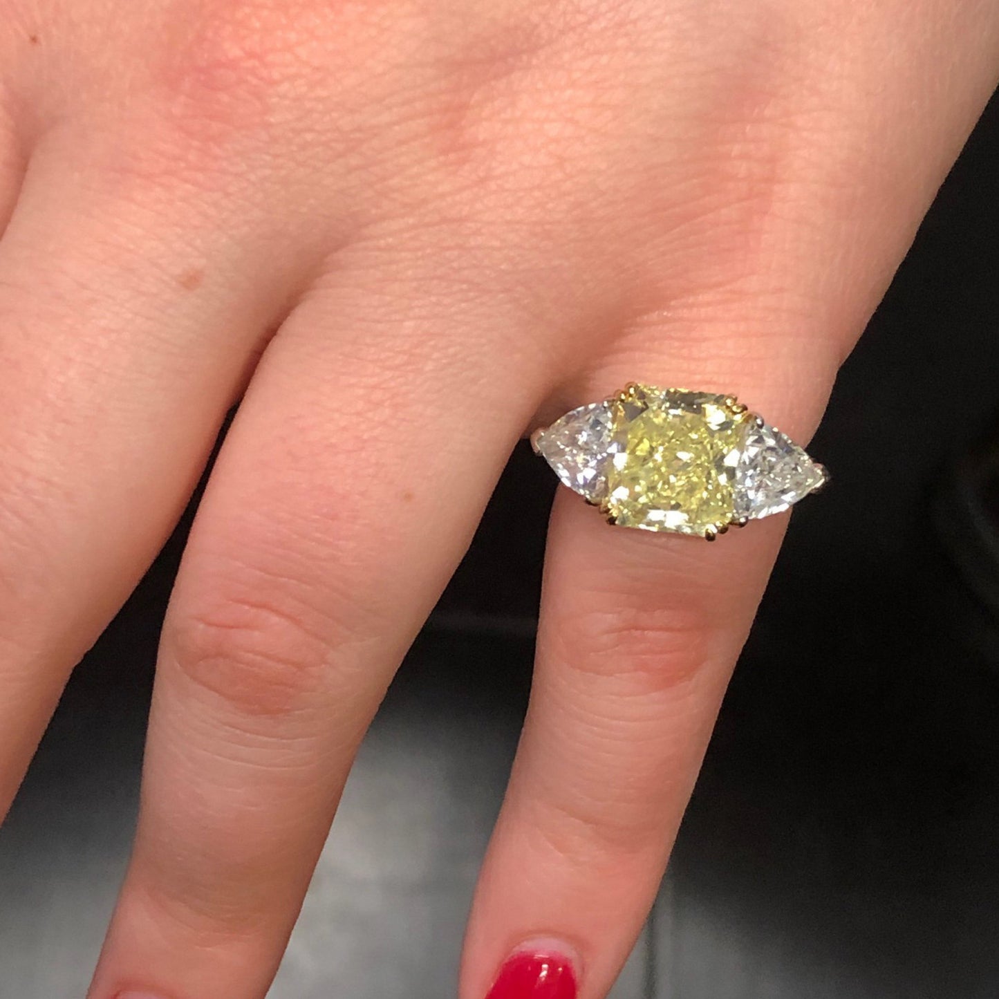Post-1980s Platinum & 18KT Yellow Gold Yellow & White Diamond Ring on finger
