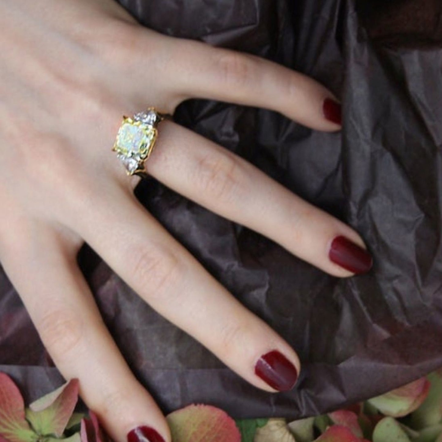 Post-1980s Platinum & 18KT Yellow Gold Yellow & White Diamond Ring on finger