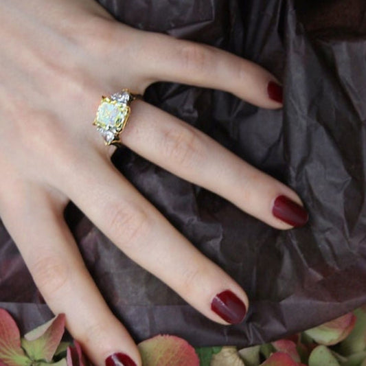 Post-1980s Platinum & 18KT Yellow Gold Yellow & White Diamond Ring on finger