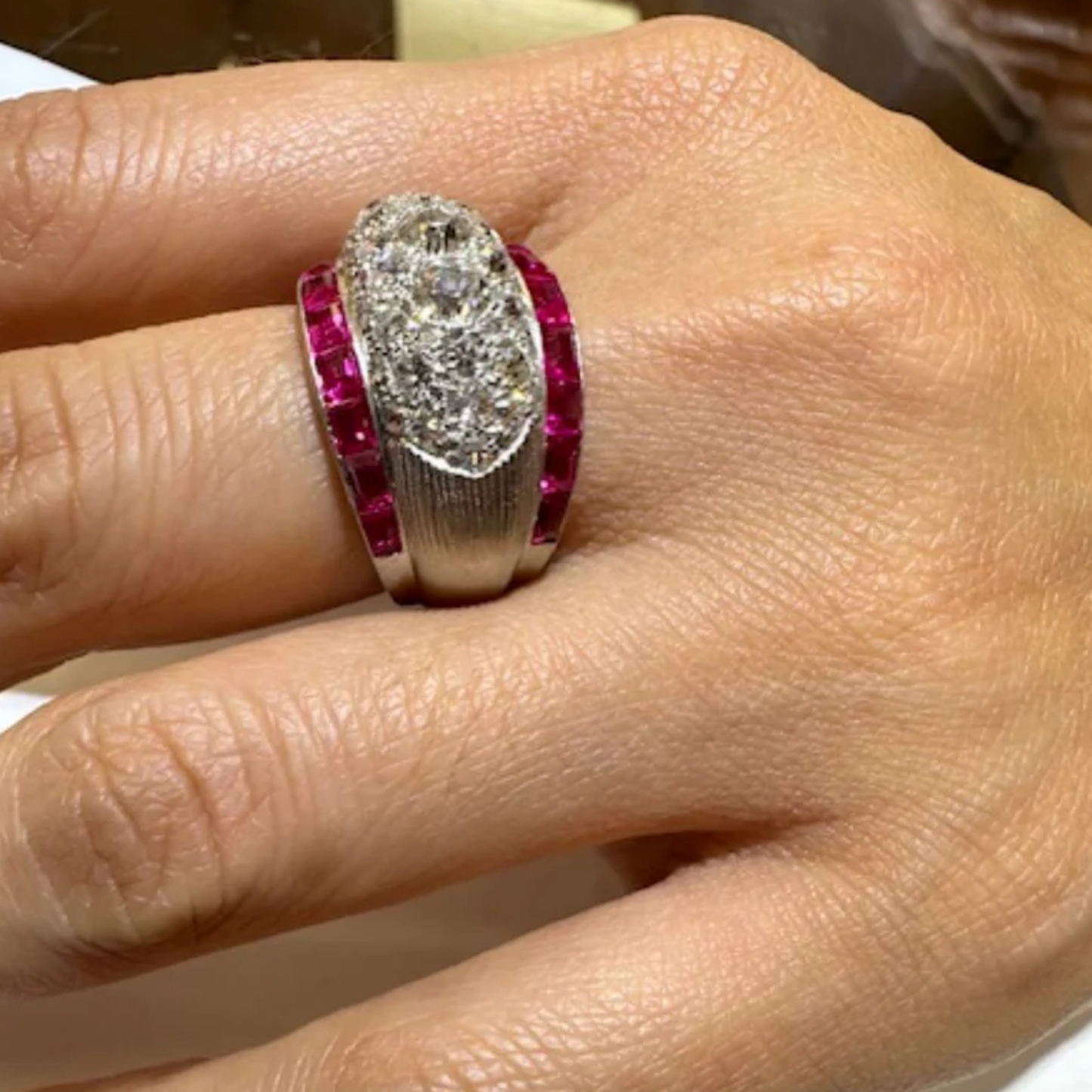 Art Deco Platinum Diamond & Ruby Ring on finger