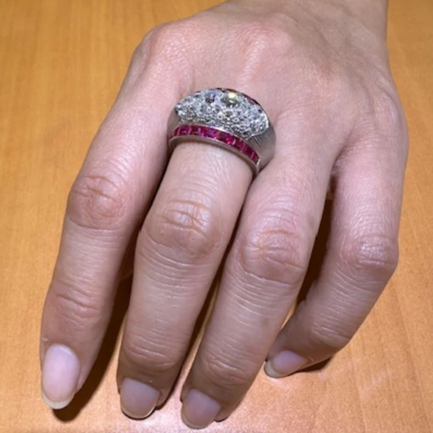 Art Deco Platinum Diamond & Ruby Ring on finger