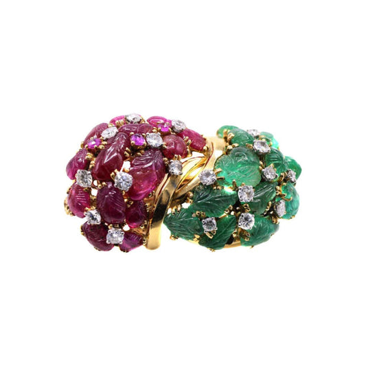 French Retro 18KT Yellow Gold Emerald & Ruby Brooch front