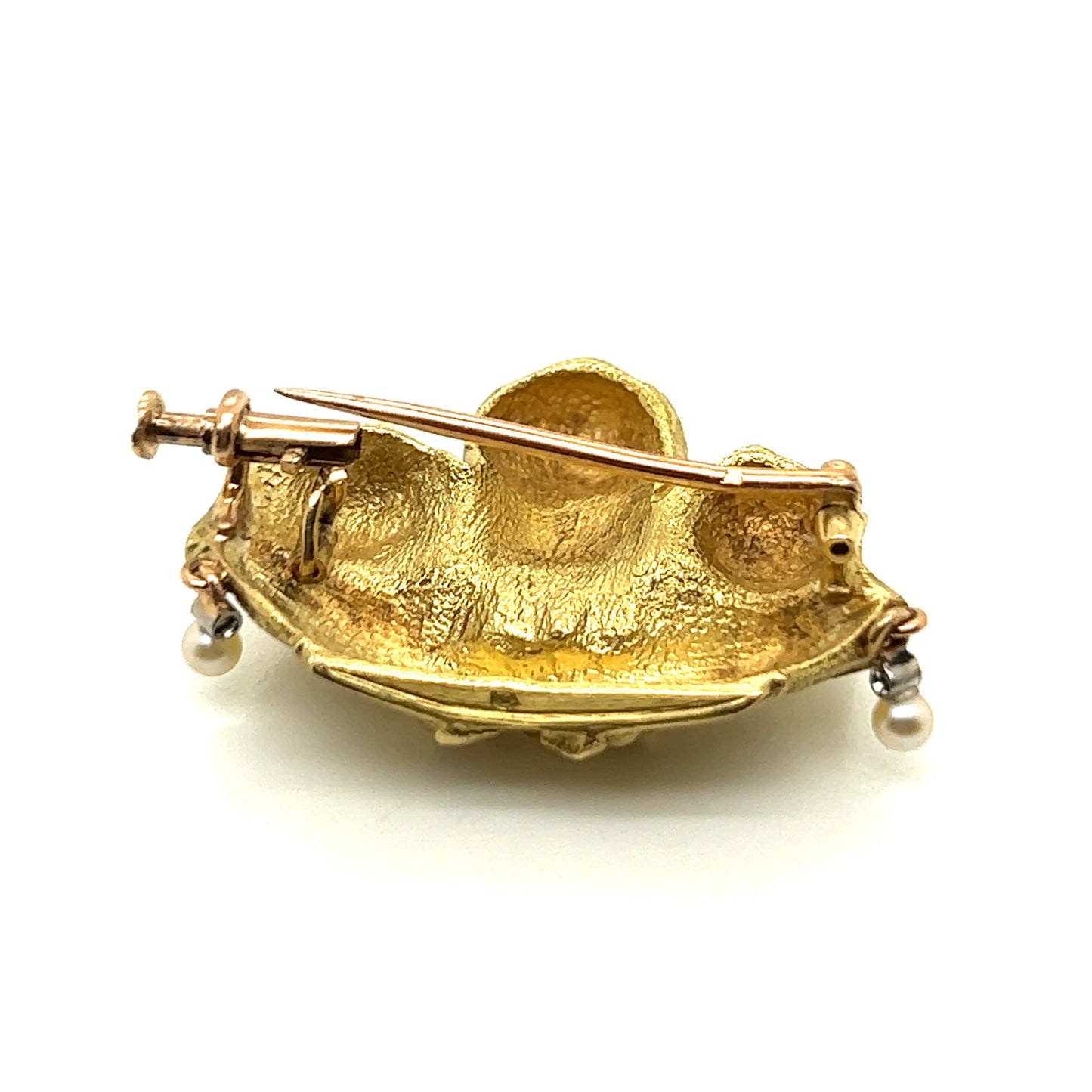 Antique 18KT Yellow Gold Diamond & Natural Pearl Dog Brooch back