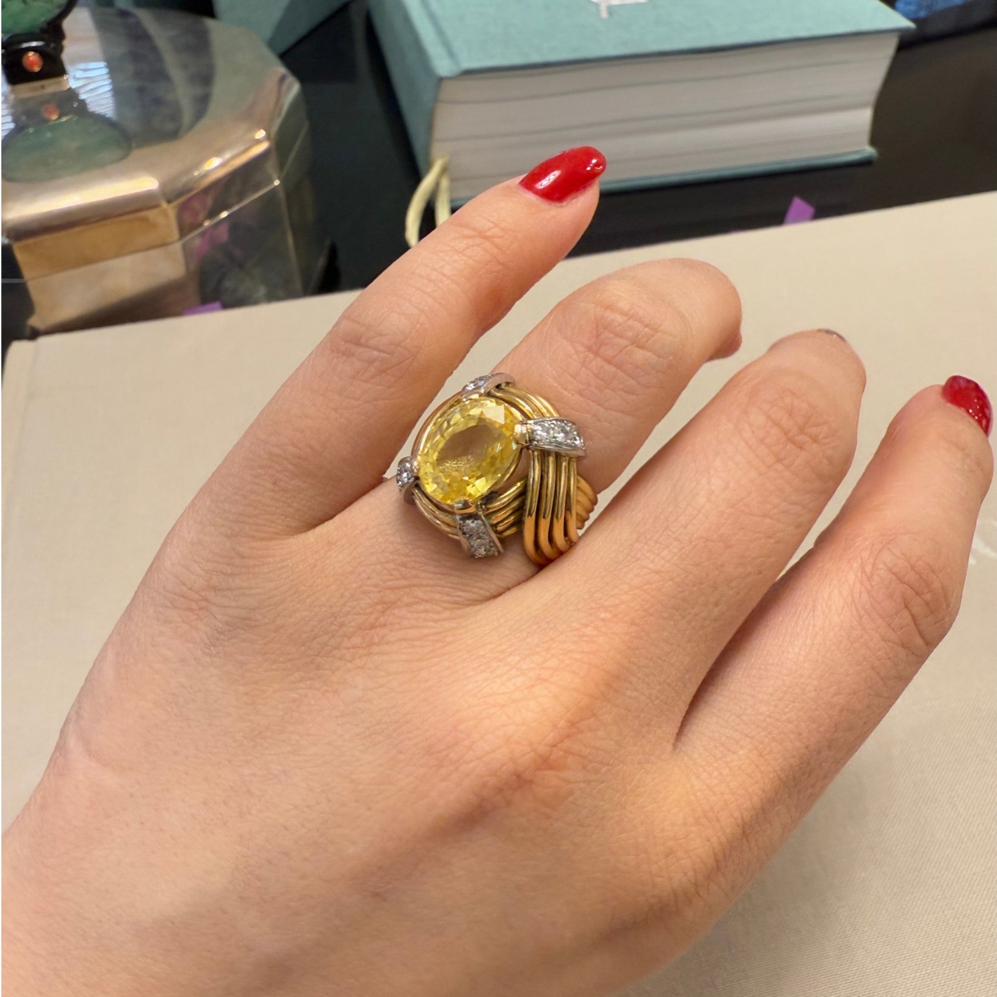 1940s Platinum & 18KT Yellow Gold Sapphire & Diamond Ring on finger