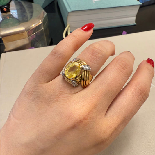 1940s Platinum & 18KT Yellow Gold Sapphire & Diamond Ring on finger