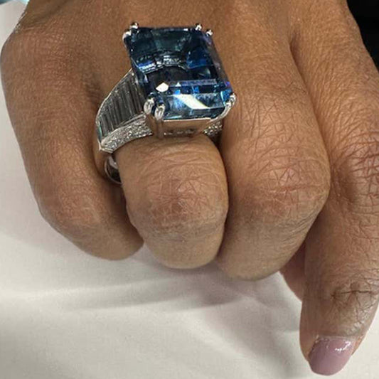 Post-1980s 18KT White Gold Aquamarine & Diamond Ring on finger