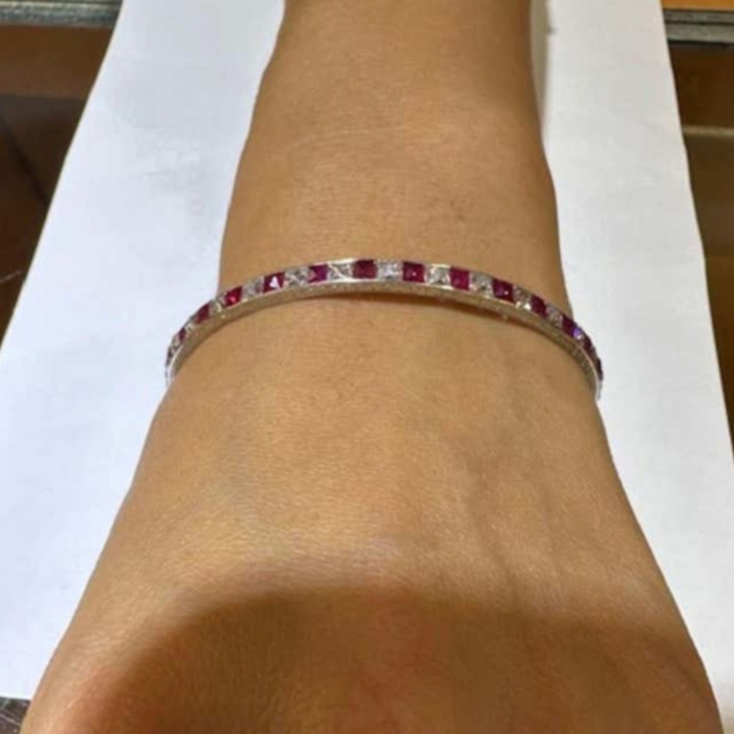 French Art Deco Platinum Diamond & Ruby Bracelet on wrist