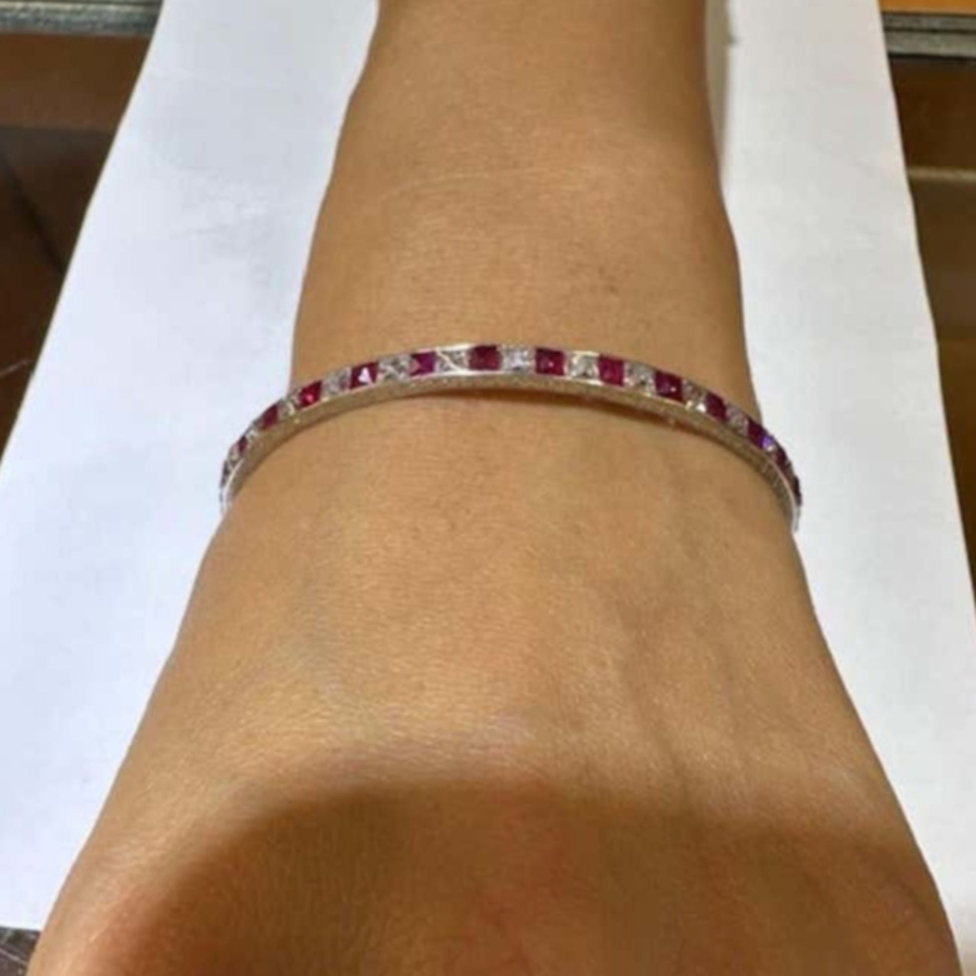 French Art Deco Platinum Diamond & Ruby Bracelet on wrist