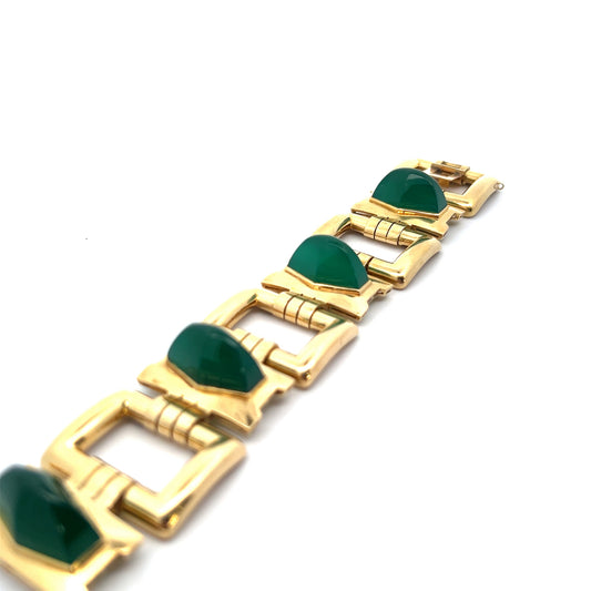 French Art Deco 18KT Yellow Gold Chrysoprase Bracelet close-up details
