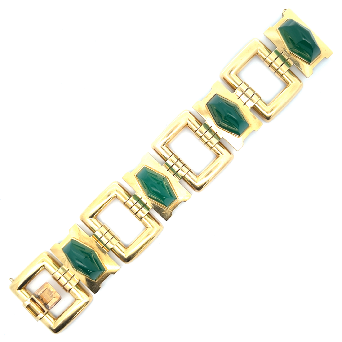 French Art Deco 18KT Yellow Gold Chrysoprase Bracelet front