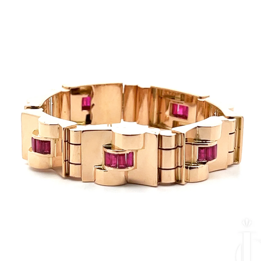 French Retro 18KT Rose Gold Ruby Bracelet front