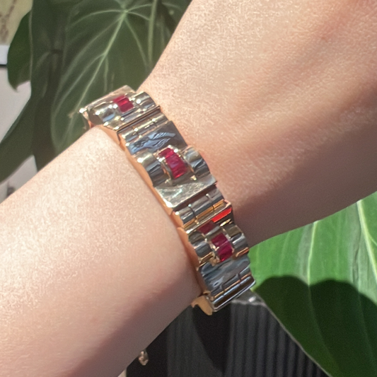 French Retro 18KT Rose Gold Ruby Bracelet on wrist