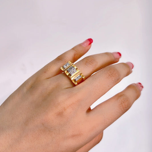 Retro Platinum & 18KT Yellow Gold Diamond Ring on hand