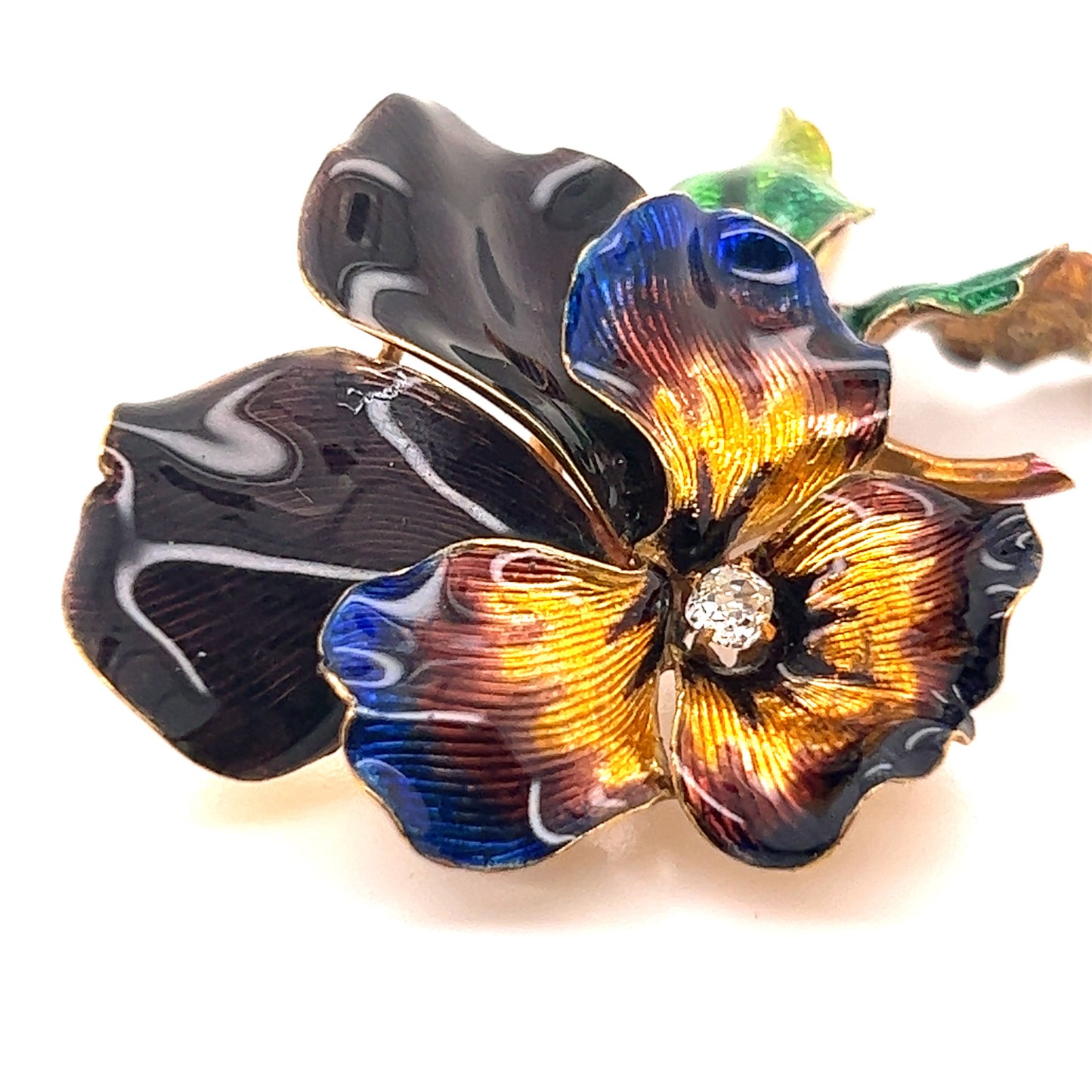 French Antique 18KT Yellow Gold Enamel & Diamond Flower Brooch front