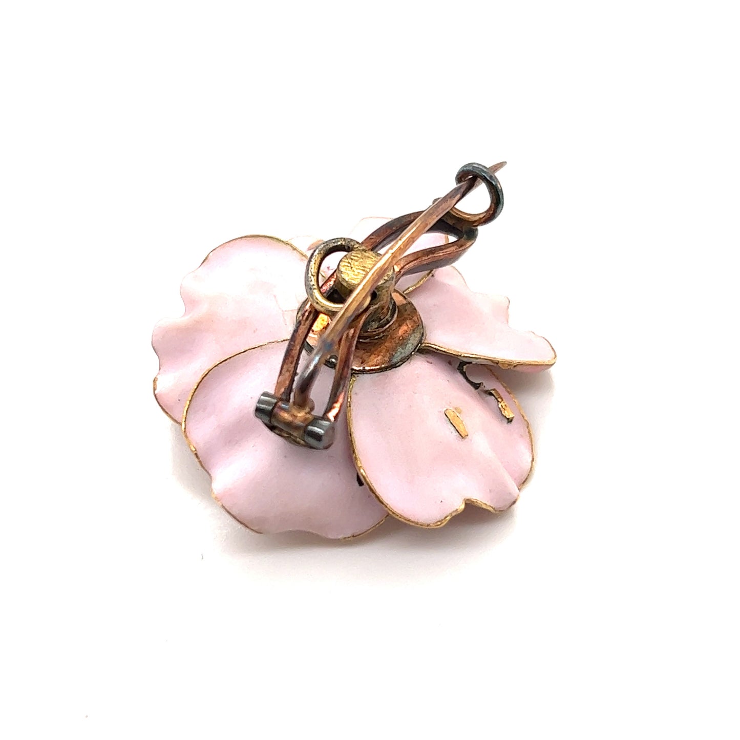 French Antique 18KT Yellow Gold Enamel, Diamond & Natural Pearl Flower Brooch back