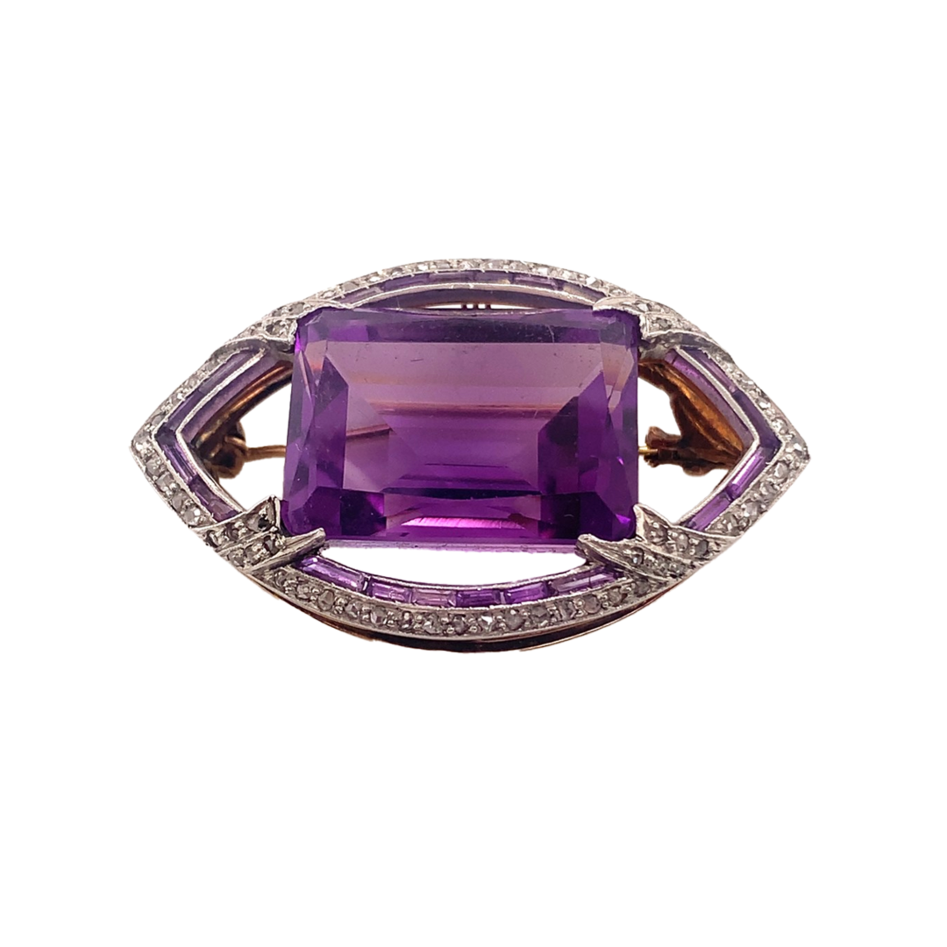 Antique Platinum & 18KT Yellow Gold Amethyst & Diamond Brooch front