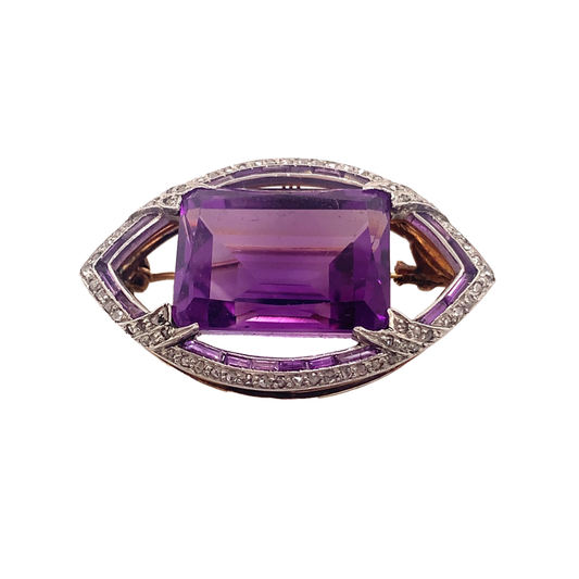 Antique Platinum & 18KT Yellow Gold Amethyst & Diamond Brooch front