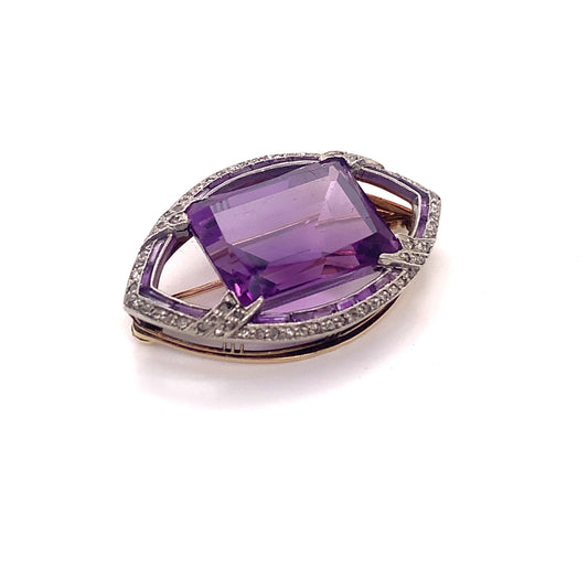 Antique Platinum & 18KT Yellow Gold Amethyst & Diamond Brooch front