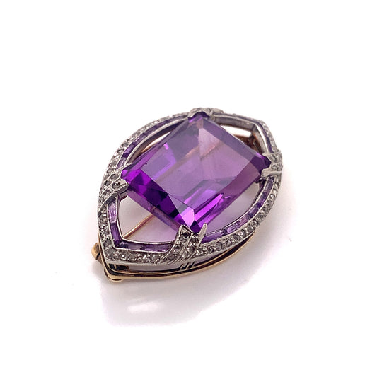 Antique Platinum & 18KT Yellow Gold Amethyst & Diamond Brooch side