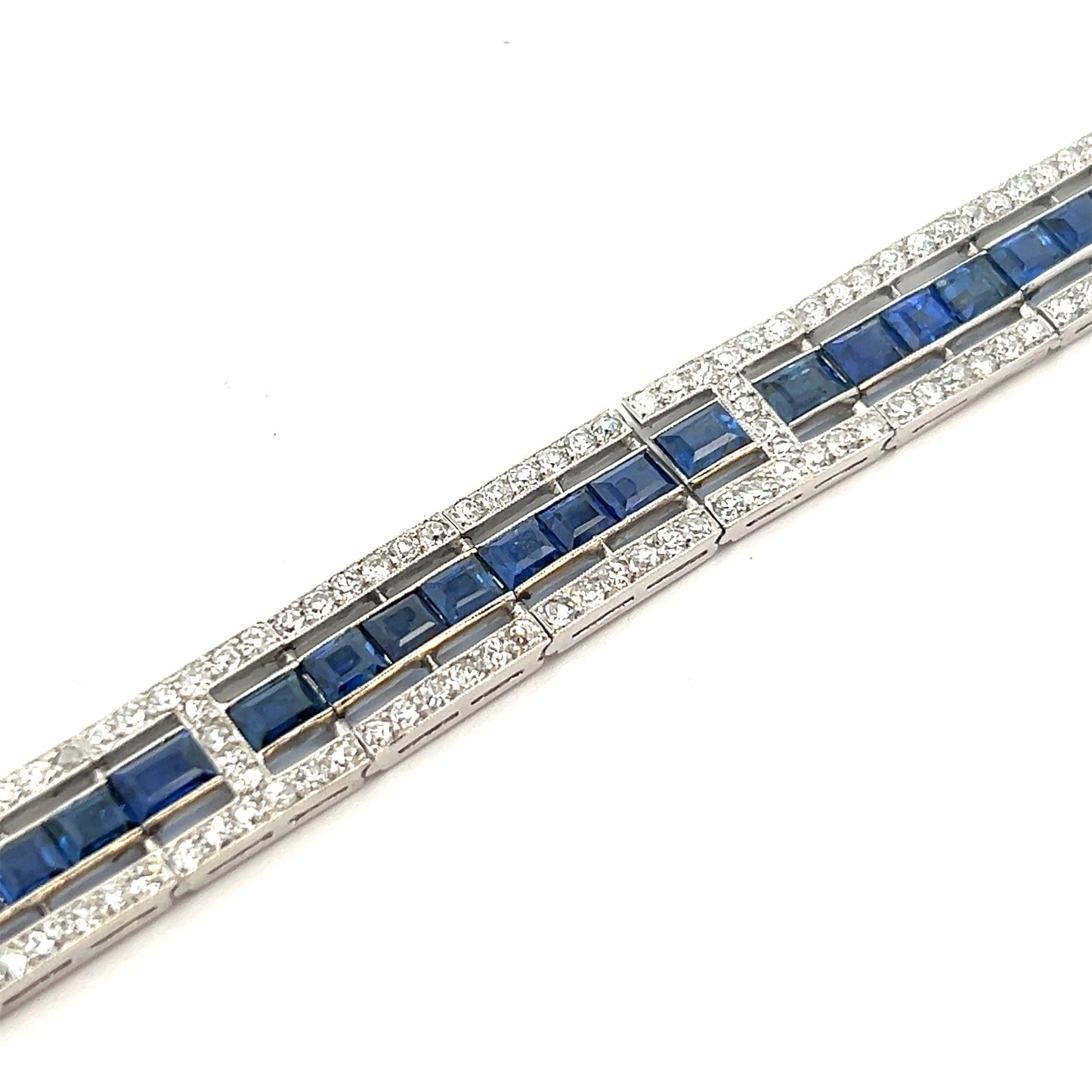French Art Deco Platinum Sapphire & Diamond Bracelet close-up details