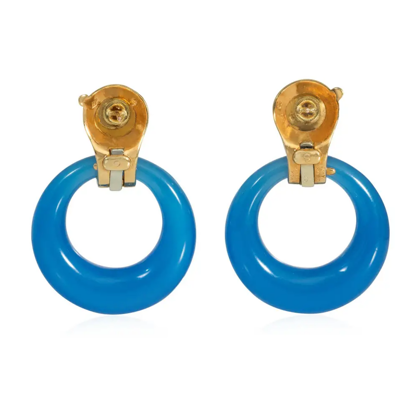 Van Cleef & Arpels French 1960s 18KT Yellow Gold Diamond, Chalcedony & Mother of Pearl Interchangeable Earrings back