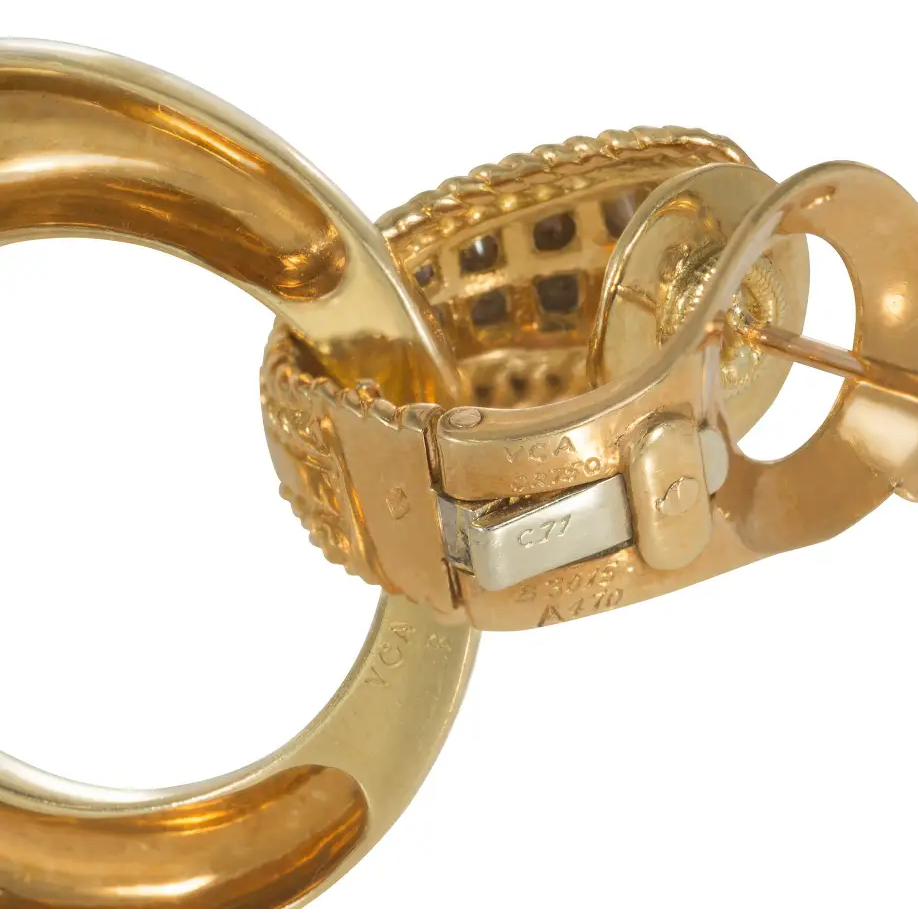 Van Cleef & Arpels French 1960s 18KT Yellow Gold Diamond, Chalcedony & Mother of Pearl Interchangeable Earrings signature