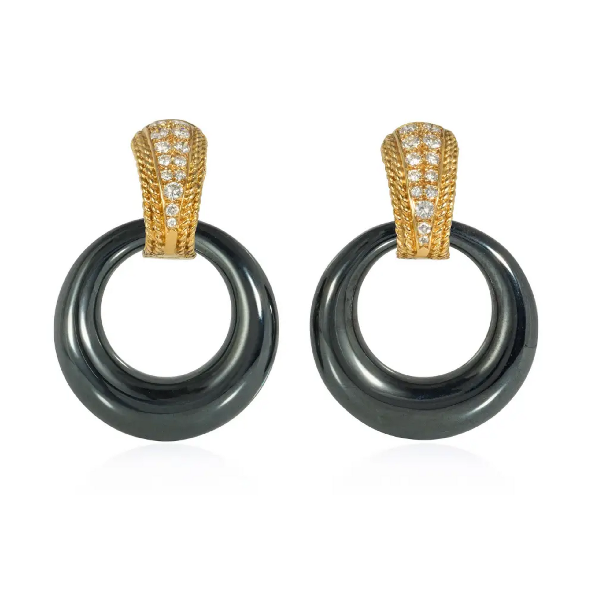 Van Cleef & Arpels France 1960s 18KT Yellow Gold Diamond, Abalone, Hematite & Lapis Lazuli Interchangeable Earrings front