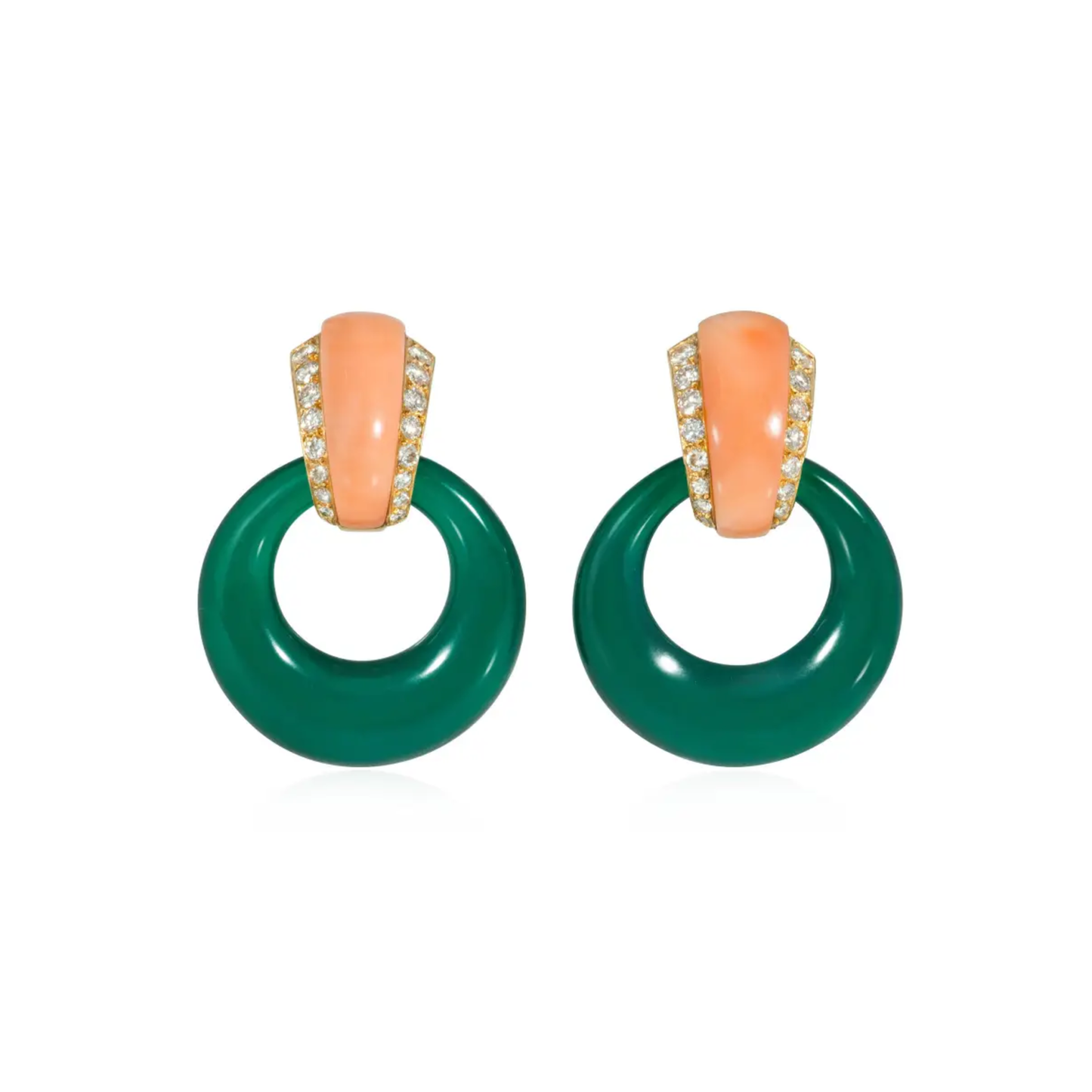 Van Cleef & Arpels France 1960s 18KT Yellow Gold Diamond, Chrysoprase & Coral Earrings front