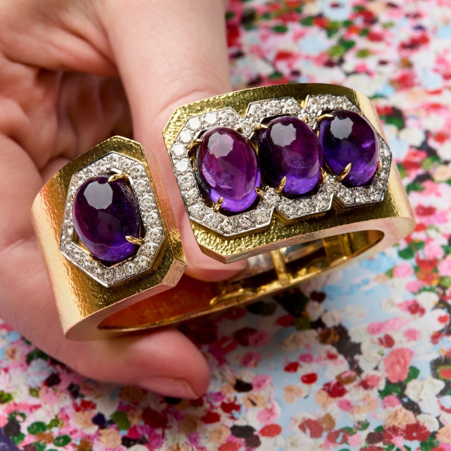 David Webb Post-1980s 18KT Yellow Gold Amethyst & Diamond Bracelet front