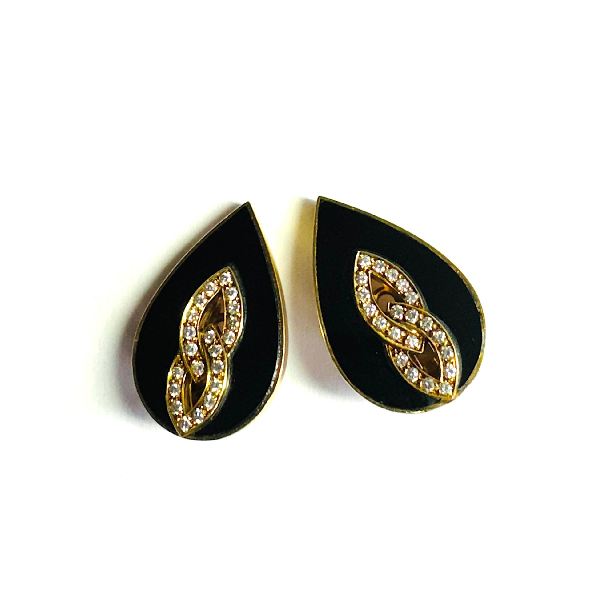 Van Cleef & Arpels 1960s 18KT Yellow Gold Onyx & Diamond Earrings front
