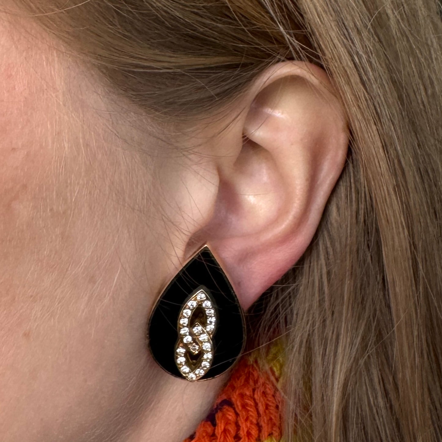 Van Cleef & Arpels 1960s 18KT Yellow Gold Onyx & Diamond Earrings on ear